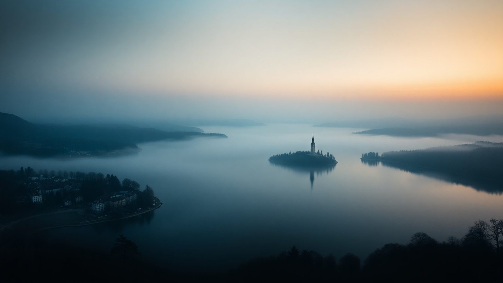 Jutranji pogled na Blejsko jezero v meglici